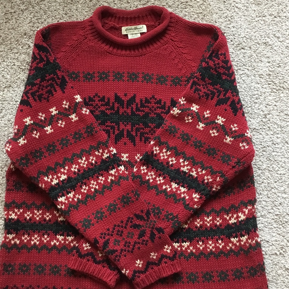 Eddie Bauer Red and Black Patterned Crewneck XMAS Sweater
